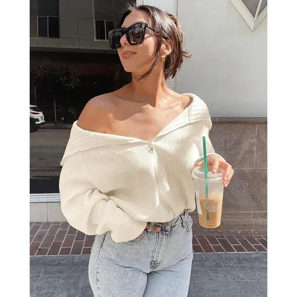 Women’s Casual Long Sleeve Half Zip Pullover Sweaters Solid V Neck Jumper Top - Picture 5 of 7